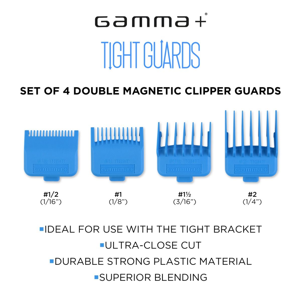 Gamma+ DUB MAGNETIC TIGHT CLIPPER GUARDS 4-PACK CYAN BLUE
