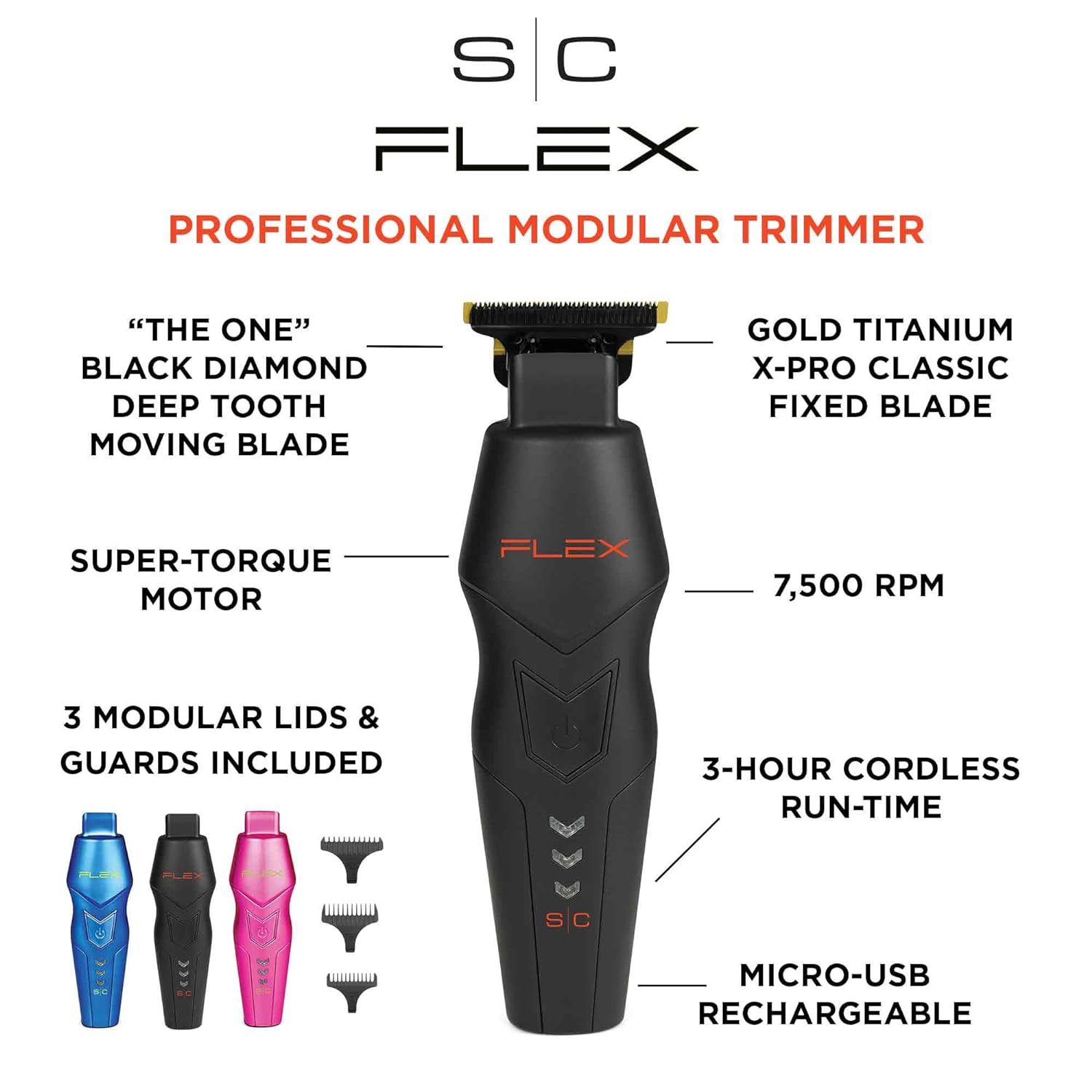 Stylecraft Flex Professional Super-Torque Motor Cordless Hair Trimmer with 3 Modular Body Lids - SC406M - Image 2